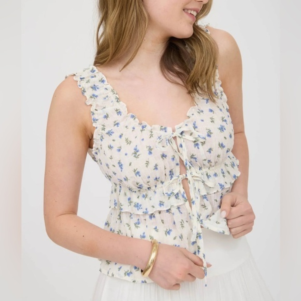 BOUTIQUE Floral Print Lettuce Trim Front Tie Tank